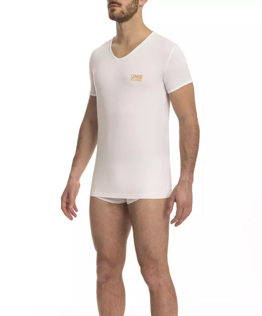 Cavalli Class Elegantes Baumwoll-T-Shirt mit V-Ausschnitt und Logo-Detail