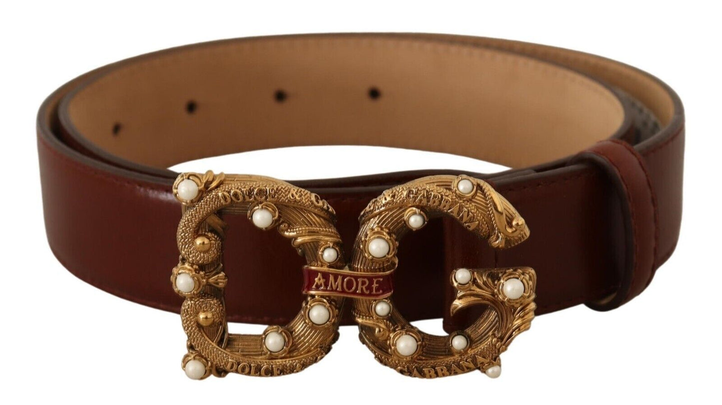 Dolce &amp; Gabbana Brown Leather Brass Logo Buckle Amore Belt