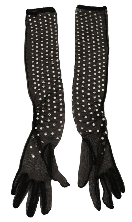 Dolce &amp; Gabbana Black Crystal Elbow Length Cotton Tulle Gloves
