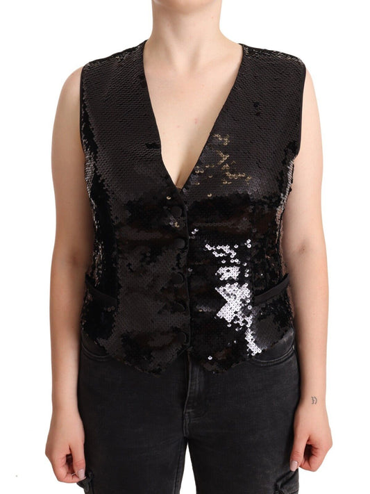 Dolce &amp; Gabbana Black Sequin V-Neck Sleeveless Vest Tank Top
