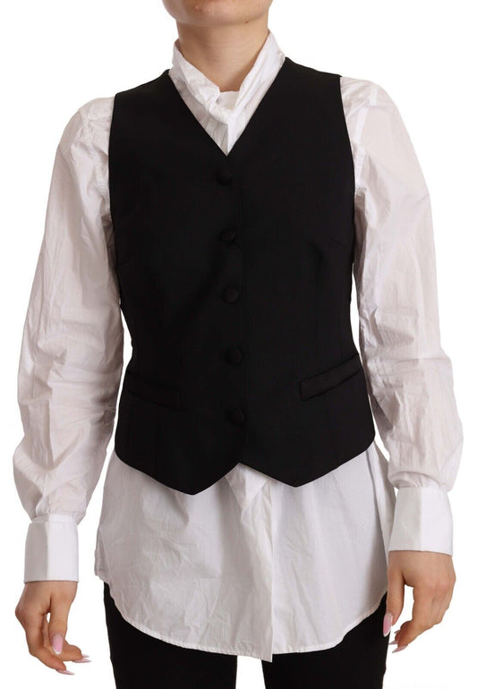 Dolce &amp; Gabbana Black Button Down Sleeveless Vest Viscose Top