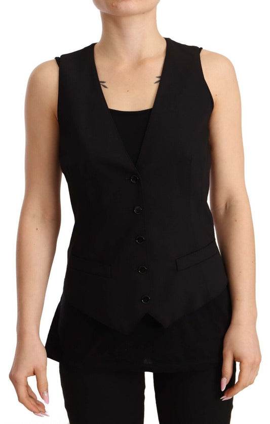 Dolce &amp; Gabbana Black Button Down Sleeveless Vest Wool Top