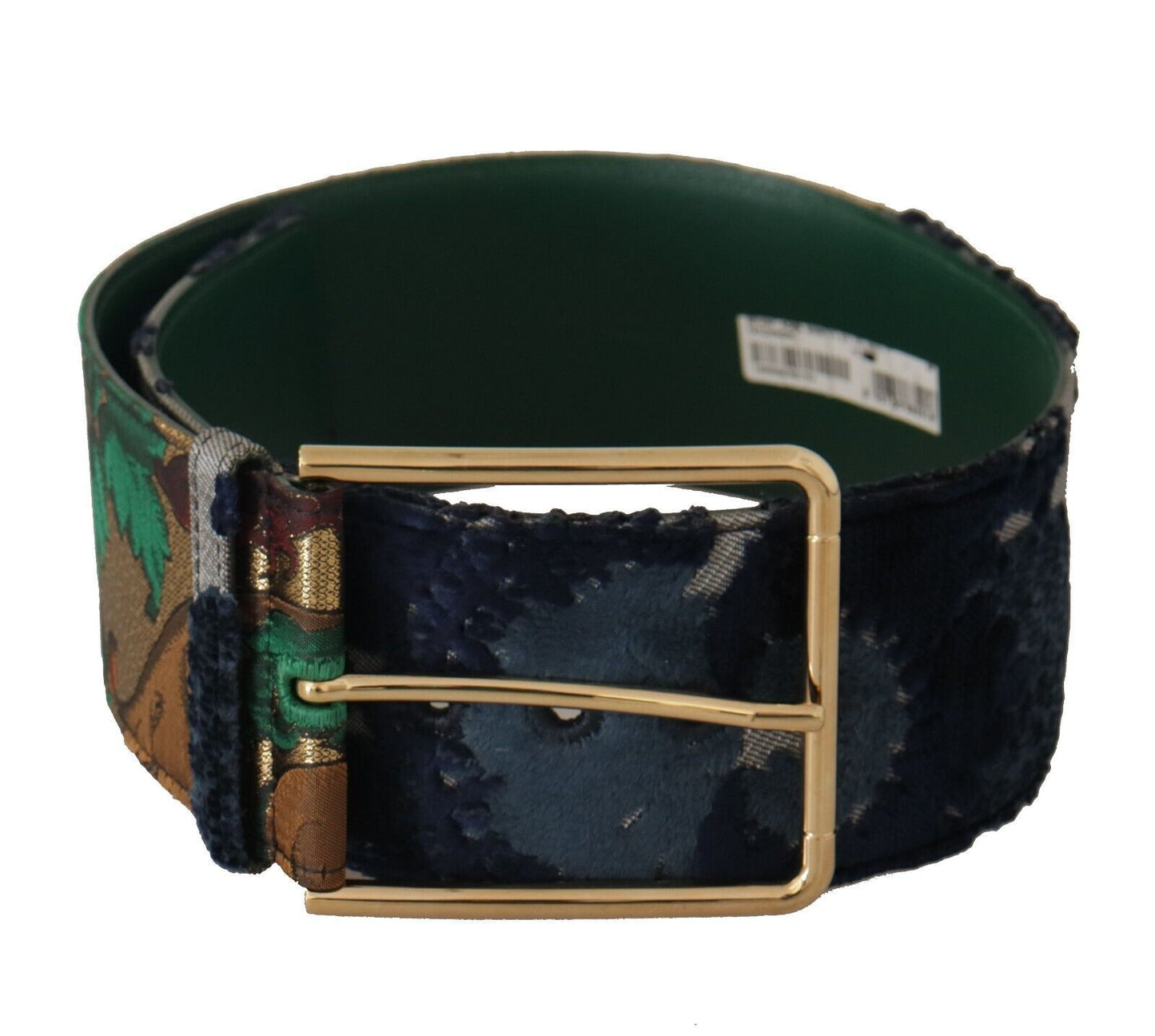 Dolce &amp; Gabbana Green Jquard Embroid Leather Gold Metal Belt