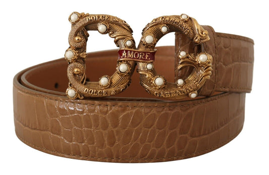 Dolce &amp; Gabbana Brown Crocodile Pattern Leather Logo Amore Belt