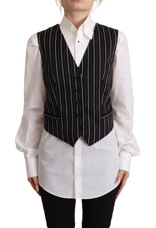 Dolce &amp; Gabbana Black Stripes Wool V-neck Sleeveless Button Vest Top