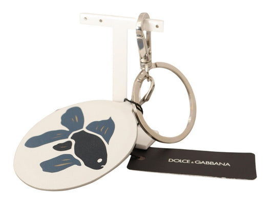 Dolce &amp; Gabbana White Leather Fish Metal Silver Tone Keyring Keychain