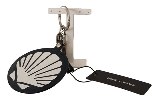 Dolce &amp; Gabbana Black Leather Shell Metal Silver Tone Keyring Keychain