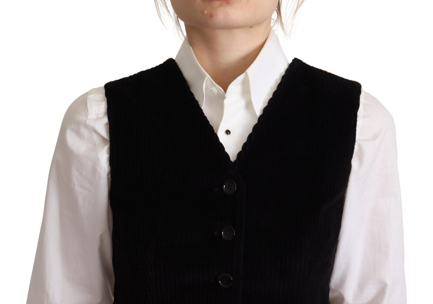 Dolce &amp; Gabbana Black V-neck Leopard Corduroy Button Vest Top