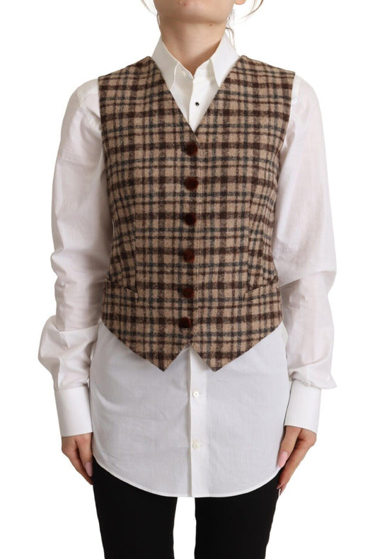 Dolce &amp; Gabbana Brown Checkered Leopard V-neck Sleeveless Vest Top
