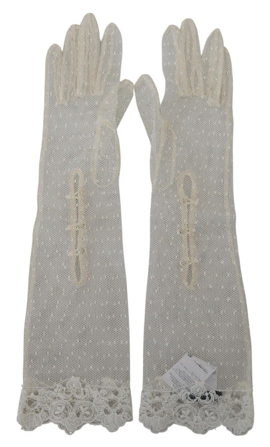 Dolce &amp; Gabbana White Lace Elbow Length Mitten Cotton Gloves