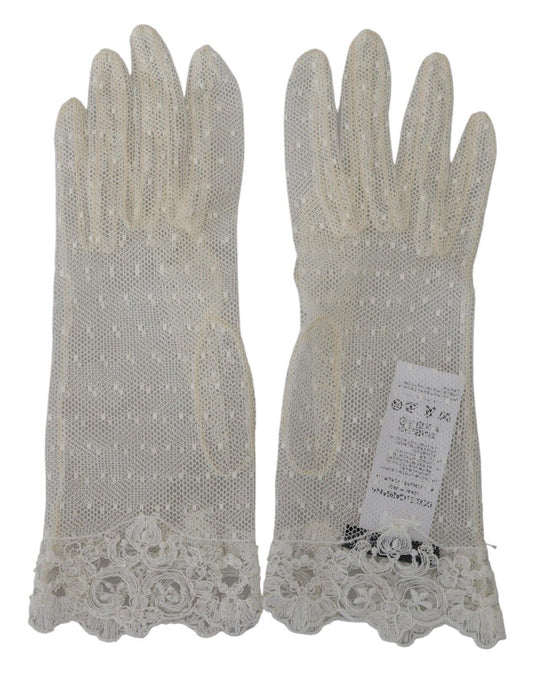 Dolce &amp; Gabbana White Lace Wrist Length Mitten Cotton Gloves