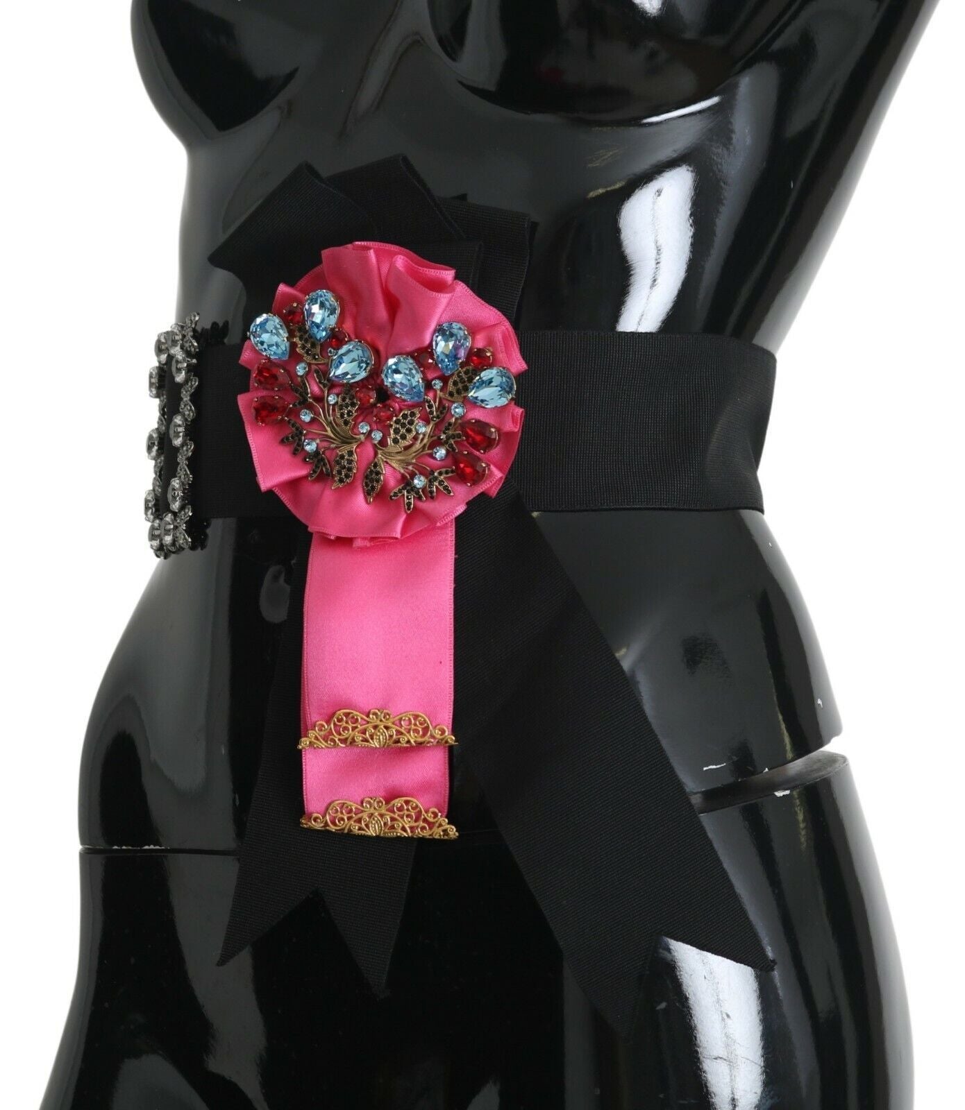 Dolce &amp; Gabbana Black Pink Flower Brooch Crystals Cotton Belt