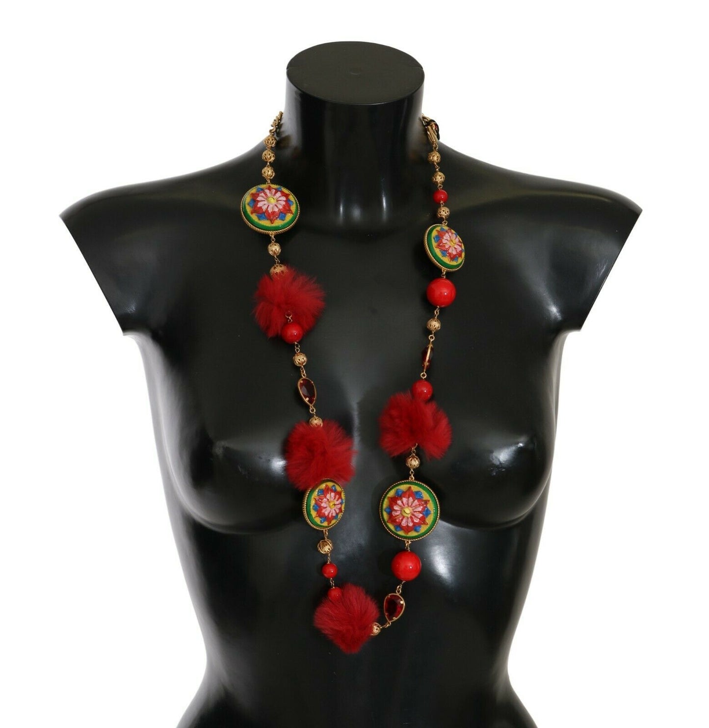 Dolce &amp; Gabbana Gold Red Fur Crystal Waist Gold Belt
