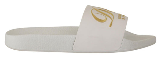 Dolce &amp; Gabbana Schicke Pantoletten aus weißem Leder mit goldener Stickerei